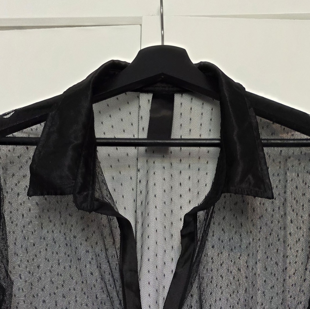 Sheer Black Top with Satin Accent At Collar Pocket And Cuffs - Size Large - Picture 7 of 9